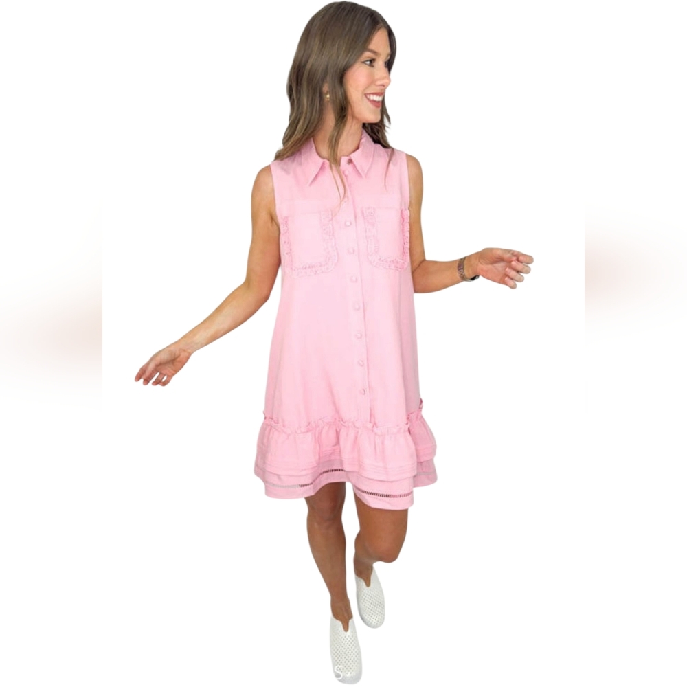 En Saison Pink Collared Sleeveless Ladder Stitch Ruffled Front Pockets Dress